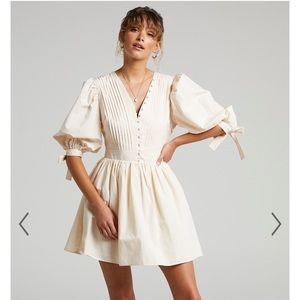 Worn Once Zandra Puff Sleeve Poplin Mini Dress in Beige